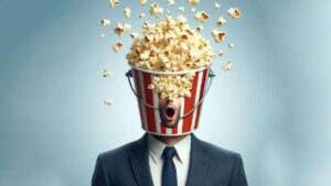 Picture of man with a bucket of popcorn for a head